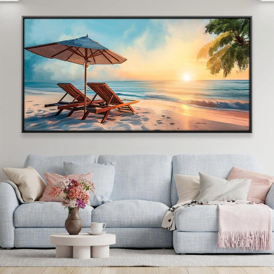 Tropical Sunset Serenity: Relaxing Beachside Oil Painting for Home Decor