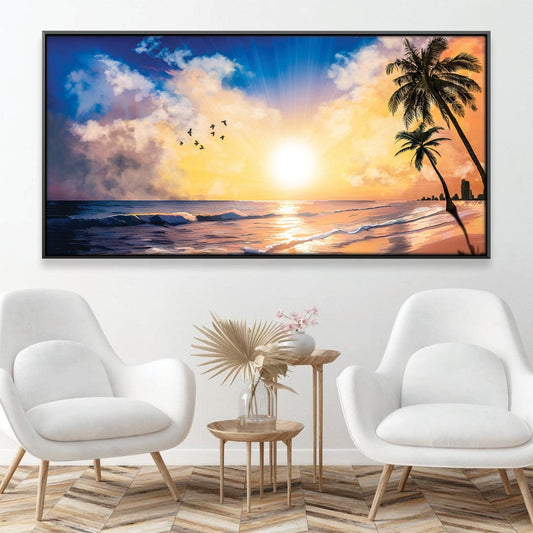Serene Sunset Beach Oil Painting with Vibrant Horizon and Tropical Palm Trees