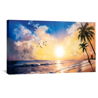Serene Sunset Beach Oil Painting with Vibrant Horizon and Tropical Palm Trees