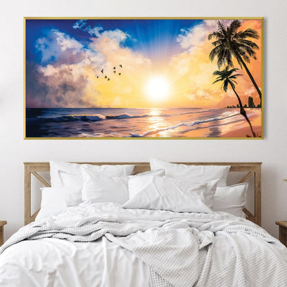 Serene Sunset Beach Oil Painting with Vibrant Horizon and Tropical Palm Trees