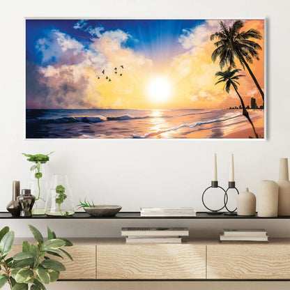 Serene Sunset Beach Oil Painting with Vibrant Horizon and Tropical Palm Trees