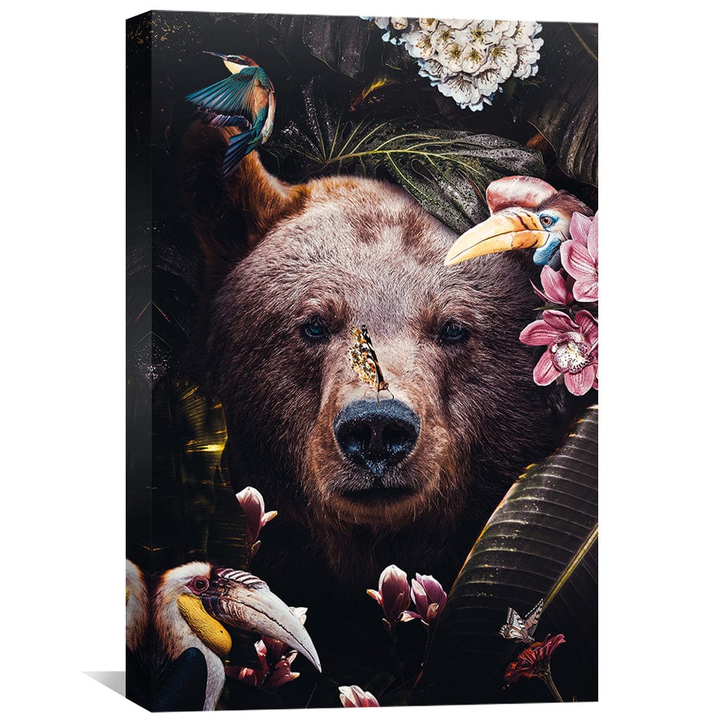 Majestic Bear Portrait with Vibrant Floral and Bird Details