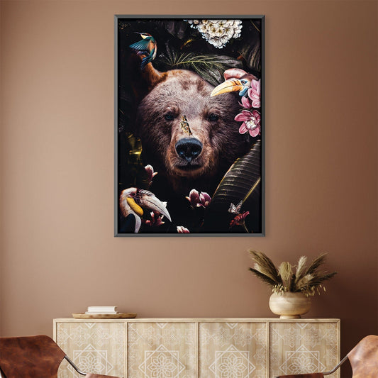 Majestic Bear Portrait with Vibrant Floral and Bird Details
