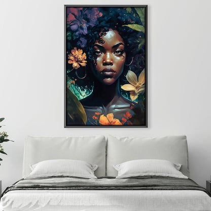 Vibrant Floral Portrait Oil Painting of a Young Woman with Curly Hair