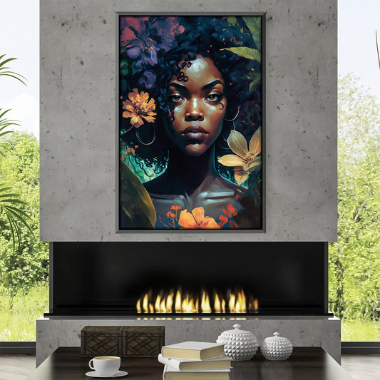Vibrant Floral Portrait Oil Painting of a Young Woman with Curly Hair
