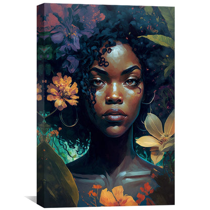 Vibrant Floral Portrait Oil Painting of a Young Woman with Curly Hair