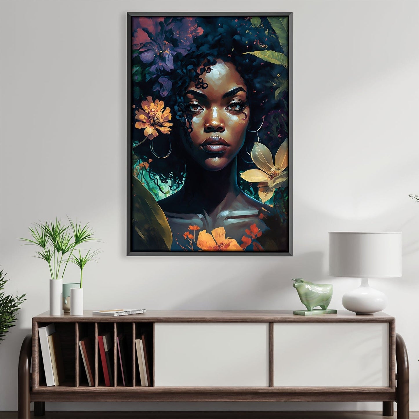 Vibrant Floral Portrait Oil Painting of a Young Woman with Curly Hair