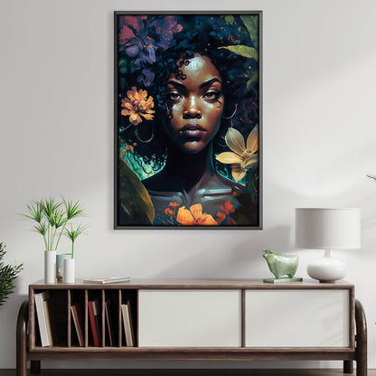 Vibrant Floral Portrait Oil Painting of a Young Woman with Curly Hair