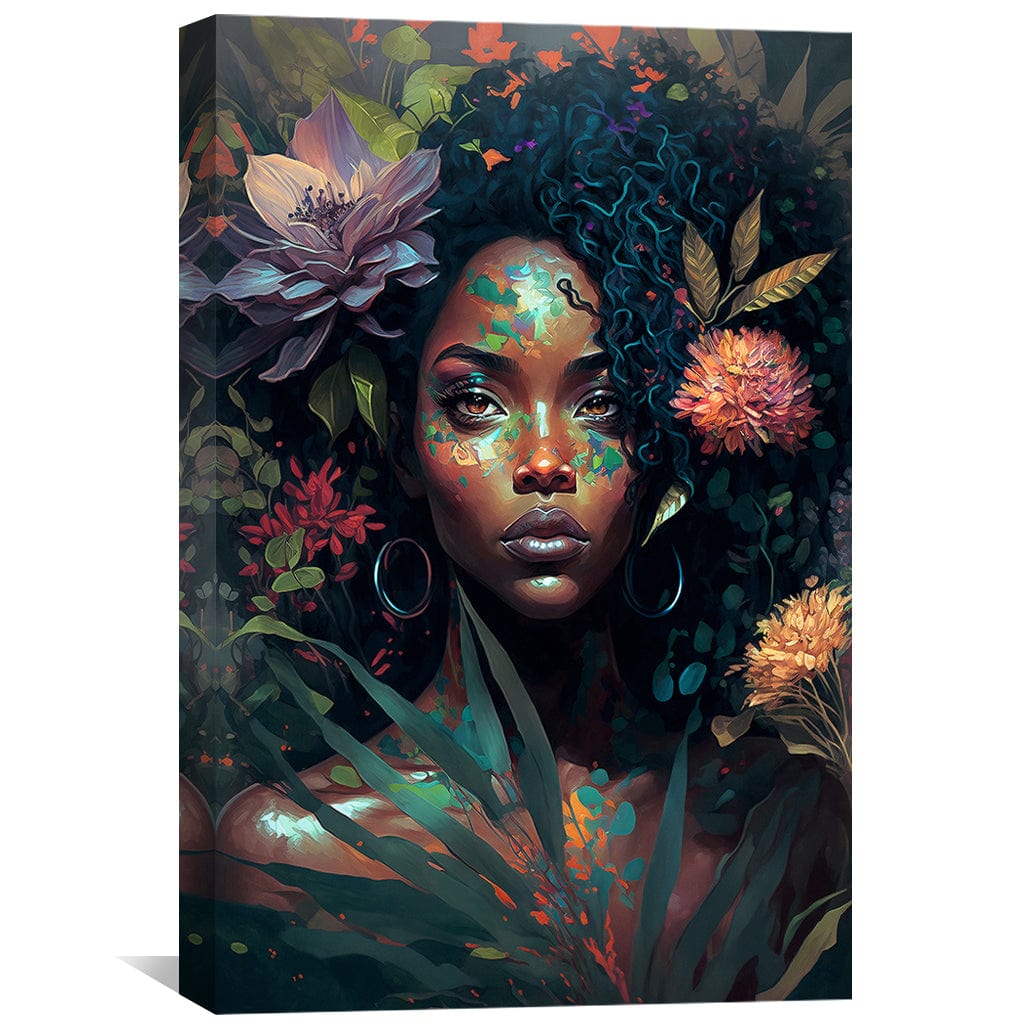 Vibrant Floral Portrait: Captivating Woman Amidst Rich Blooms and Greenery Canvas
