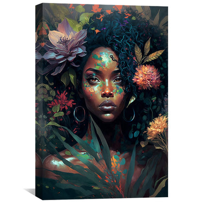 Vibrant Floral Portrait: Captivating Woman Amidst Rich Blooms and Greenery Canvas