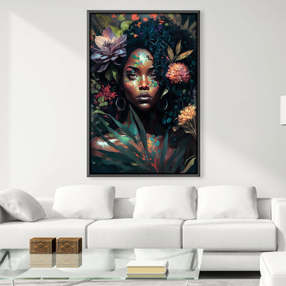 Vibrant Floral Portrait: Captivating Woman Amidst Rich Blooms and Greenery Canvas