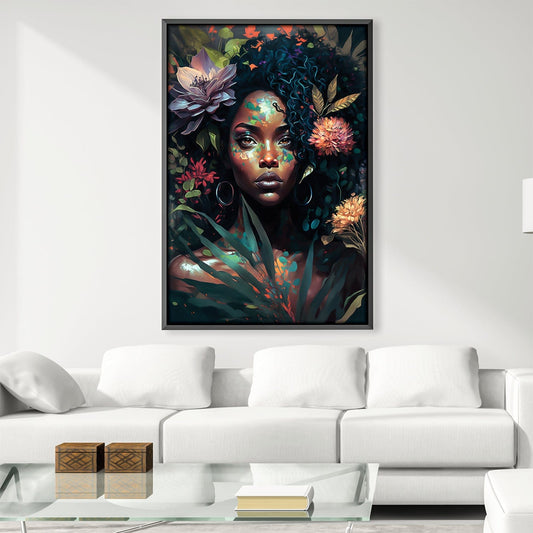 Vibrant Floral Portrait: Captivating Woman Amidst Rich Blooms and Greenery Canvas