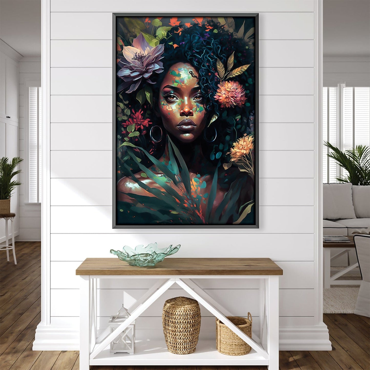 Vibrant Floral Portrait: Captivating Woman Amidst Rich Blooms and Greenery Canvas