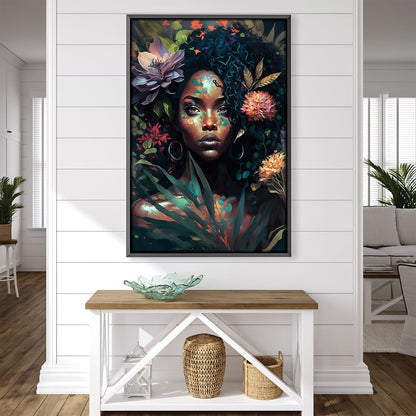Vibrant Floral Portrait: Captivating Woman Amidst Rich Blooms and Greenery Canvas