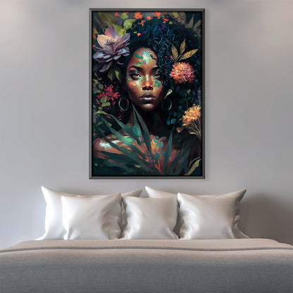 Vibrant Floral Portrait: Captivating Woman Amidst Rich Blooms and Greenery Canvas