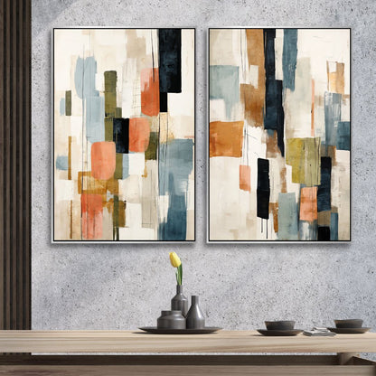 Contemporary Abstract Oil Painting with Beige, Green, Blue and Orange Geometric Shapes