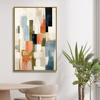 Contemporary Abstract Oil Painting with Beige, Green, Blue and Orange Geometric Shapes