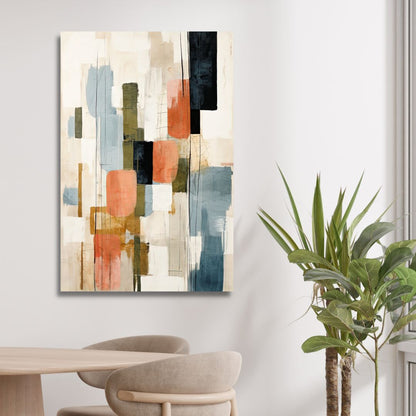 Contemporary Abstract Oil Painting with Beige, Green, Blue and Orange Geometric Shapes
