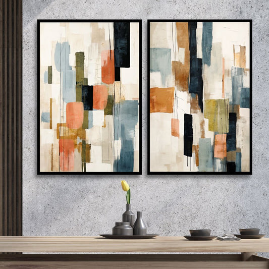 Contemporary Abstract Oil Painting with Beige, Green, Blue and Orange Geometric Shapes