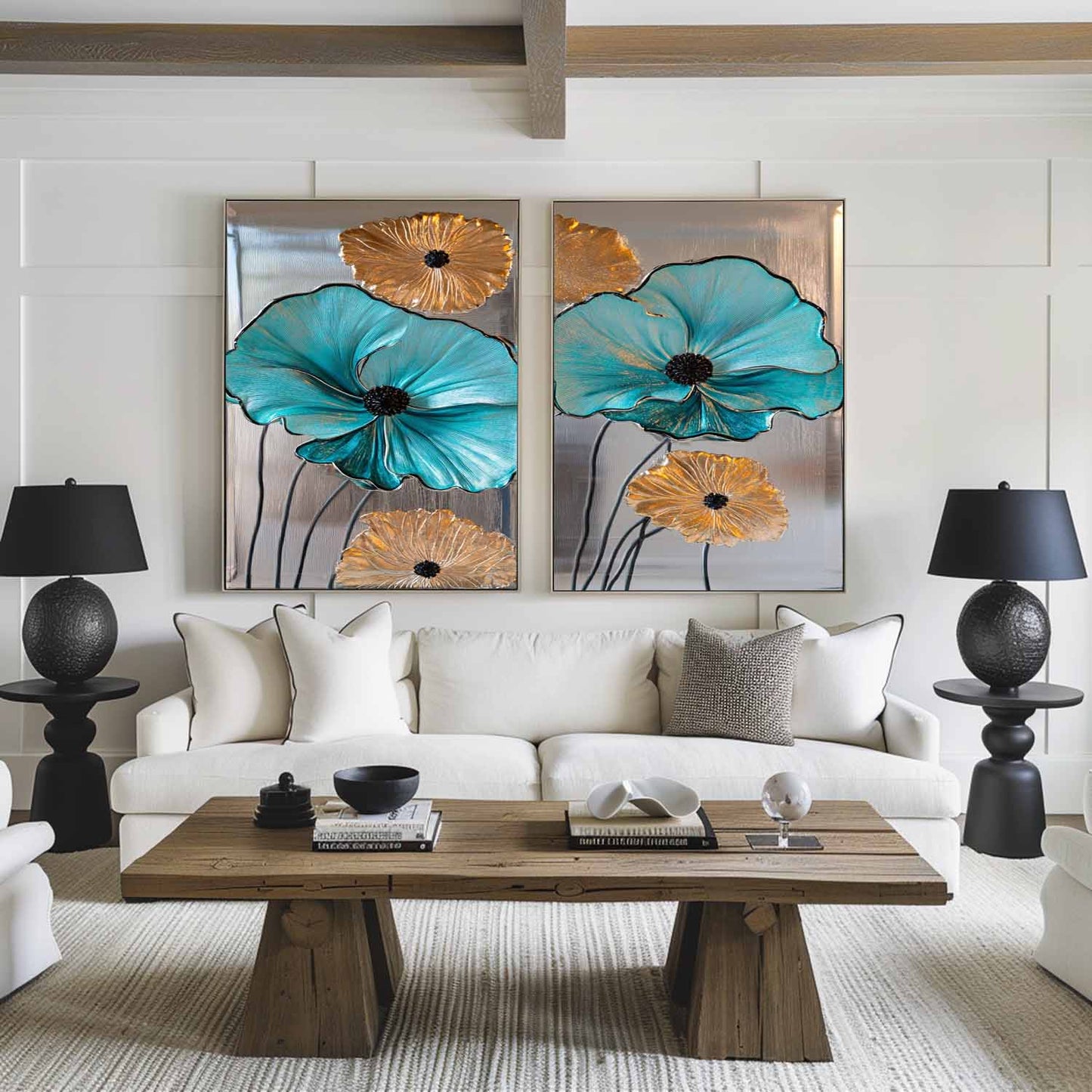 Elegant Blue and Gold Floral Abstract Oil Paintings for Modern Decor