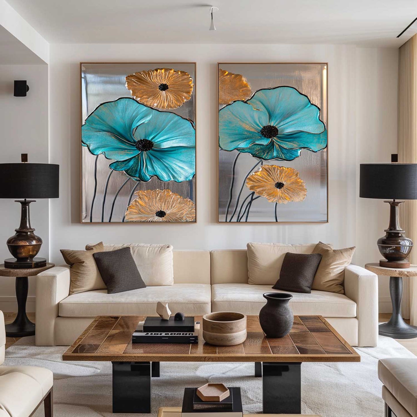 Elegant Blue and Gold Floral Abstract Oil Paintings for Modern Decor