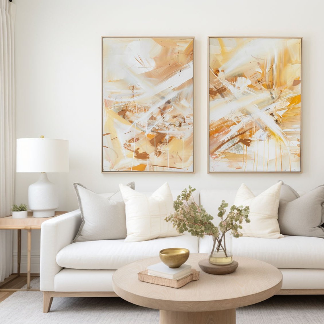 Elegant Blue and Gold Floral Abstract Oil Paintings for Modern Decor