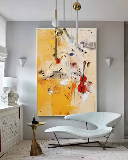 Vibrant Abstract Oil Painting with Violin and Musical Notes on Canvas