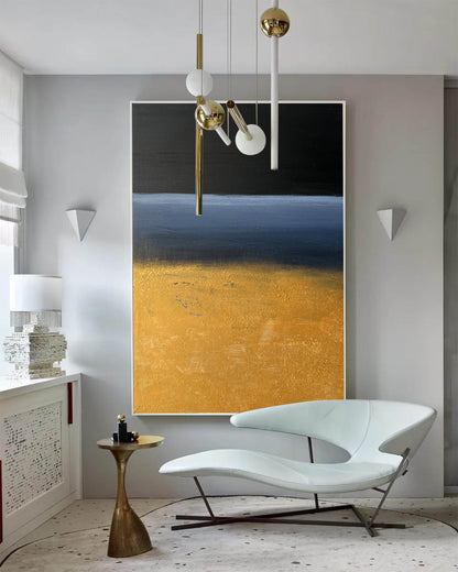Contemporary Abstract Oil Painting with Bold Black and Gold Landscape