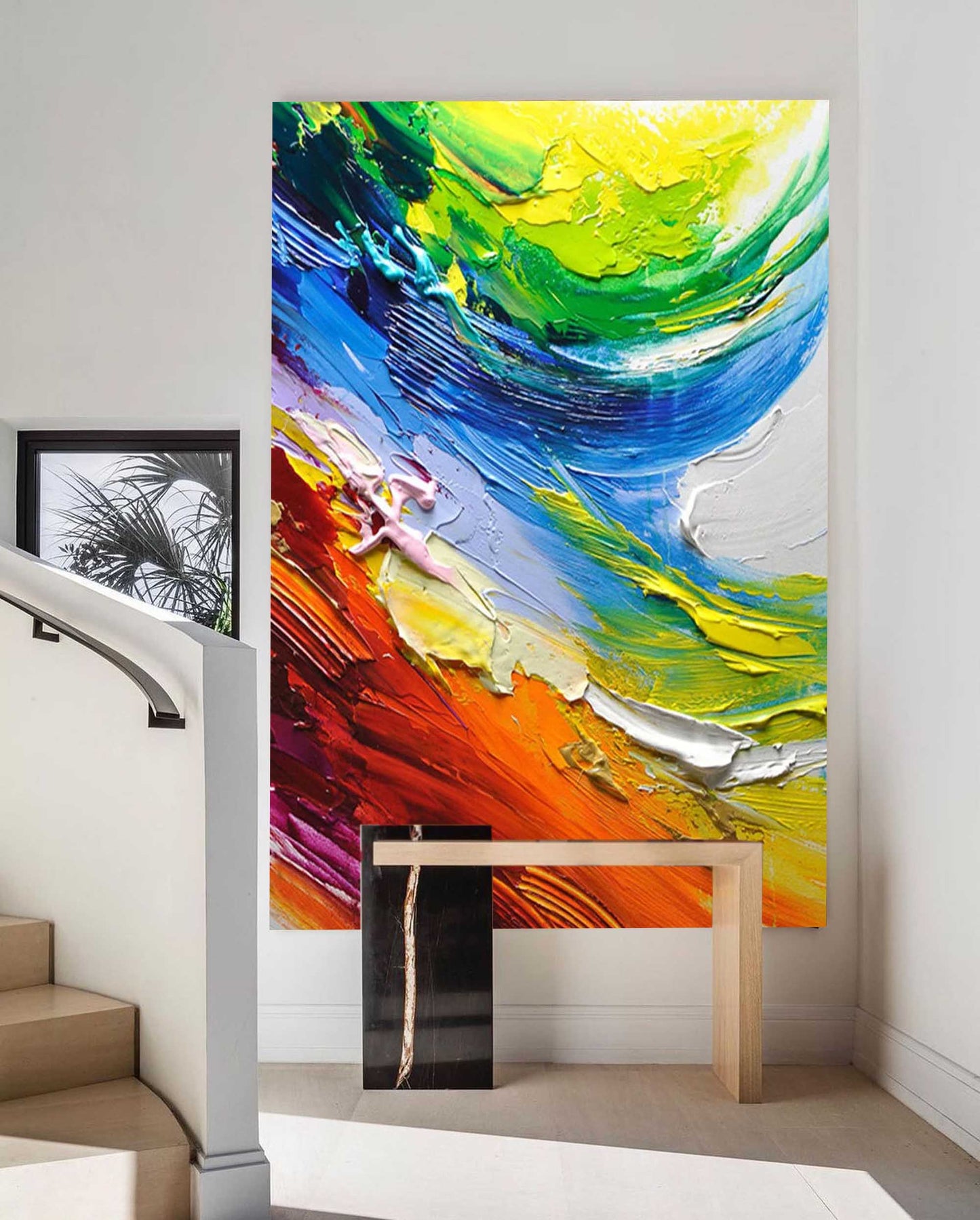 Vibrant Abstract Oil Painting with Colorful Swirls and Textured Canvas Art