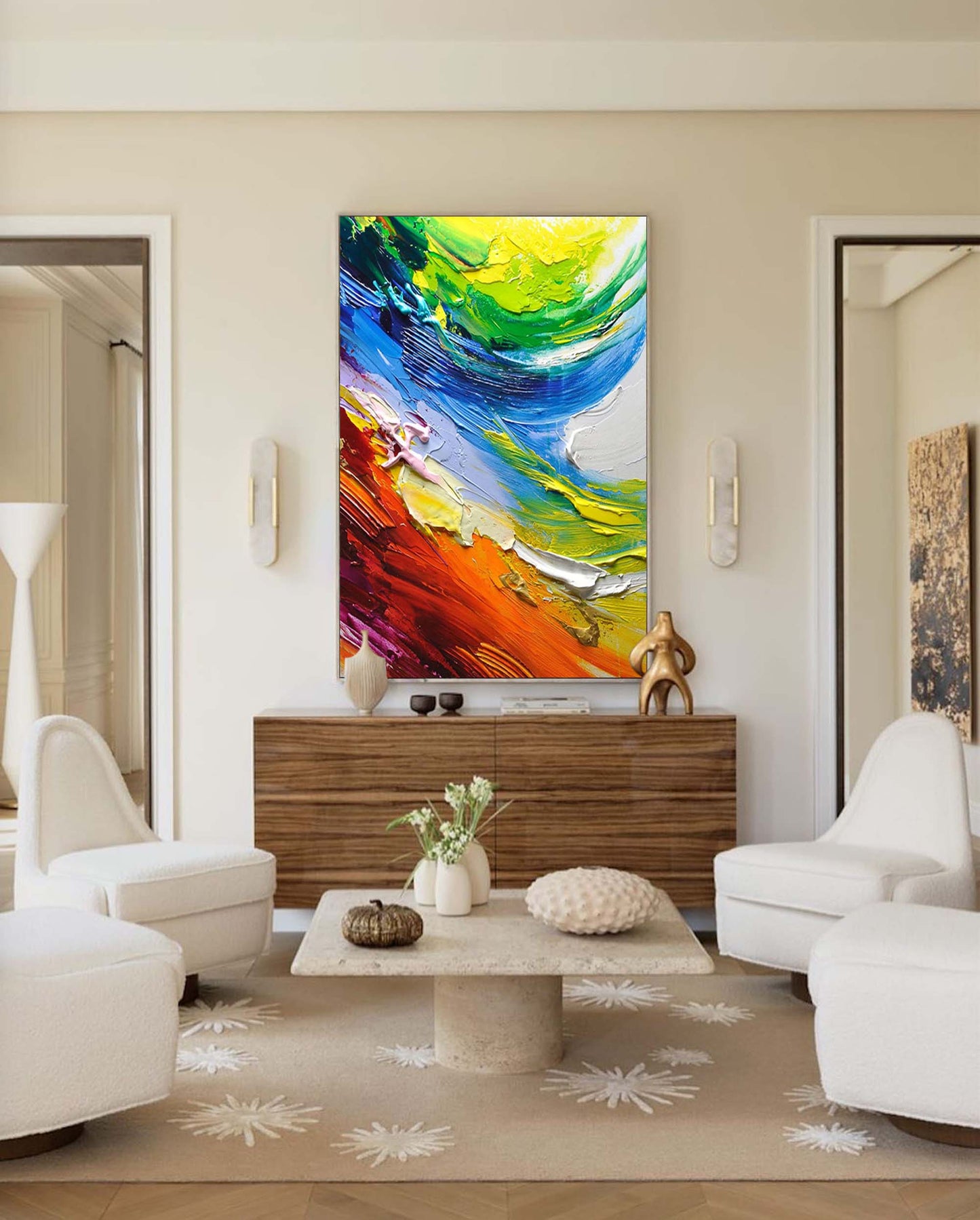 Vibrant Abstract Oil Painting with Colorful Swirls and Textured Canvas Art