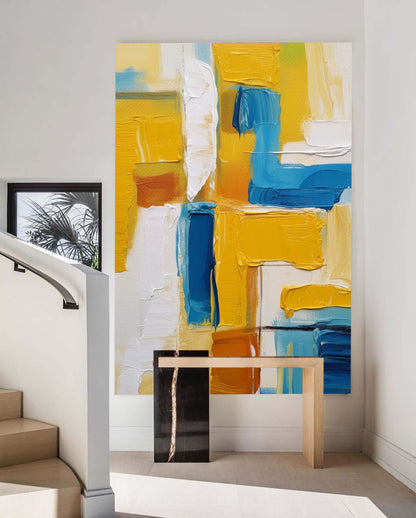 Vibrant Abstract Oil Painting in Blue and Yellow for Modern Art Enthusiasts