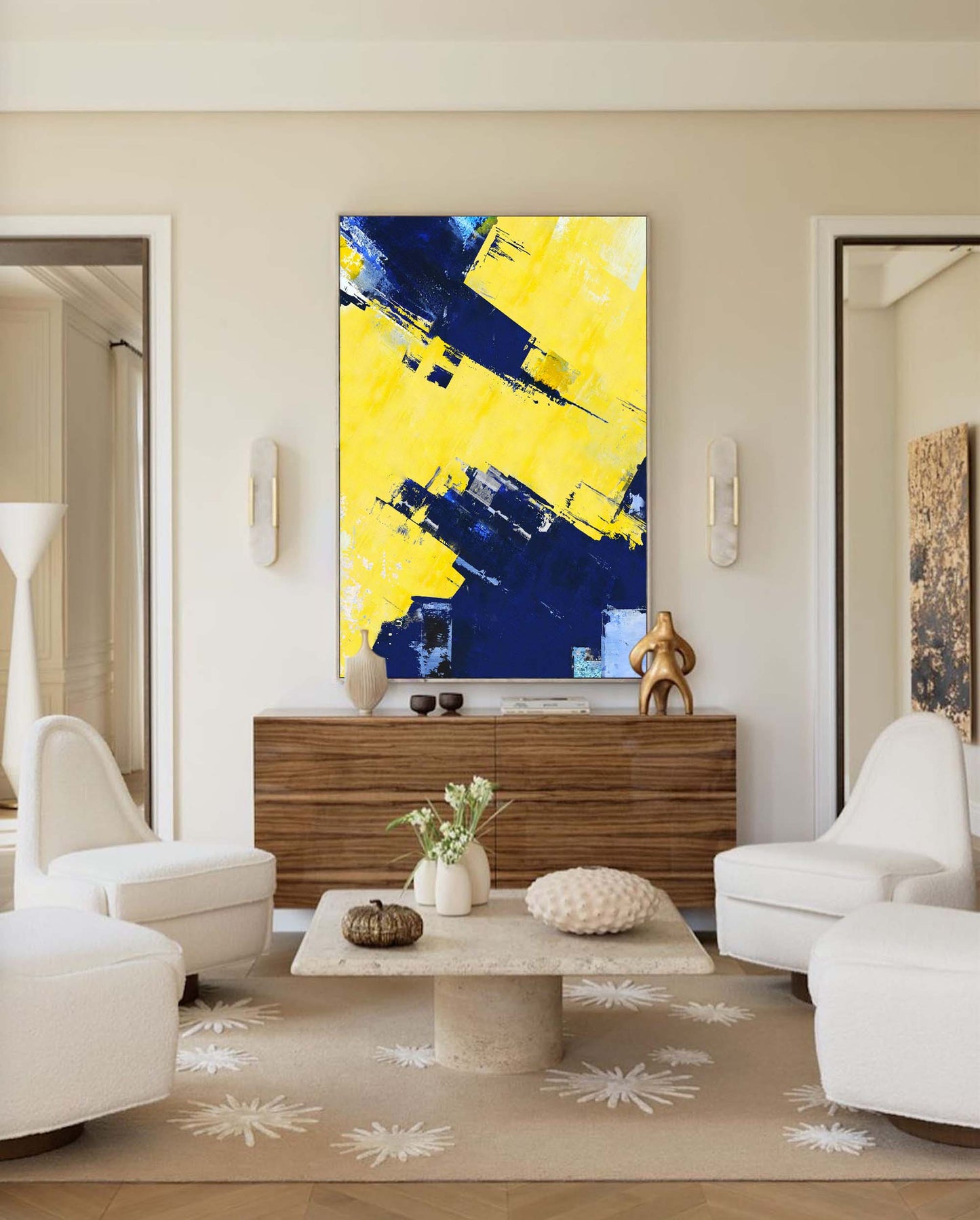 Vibrant Blue and Yellow Abstract Oil Painting for Modern Home Decor