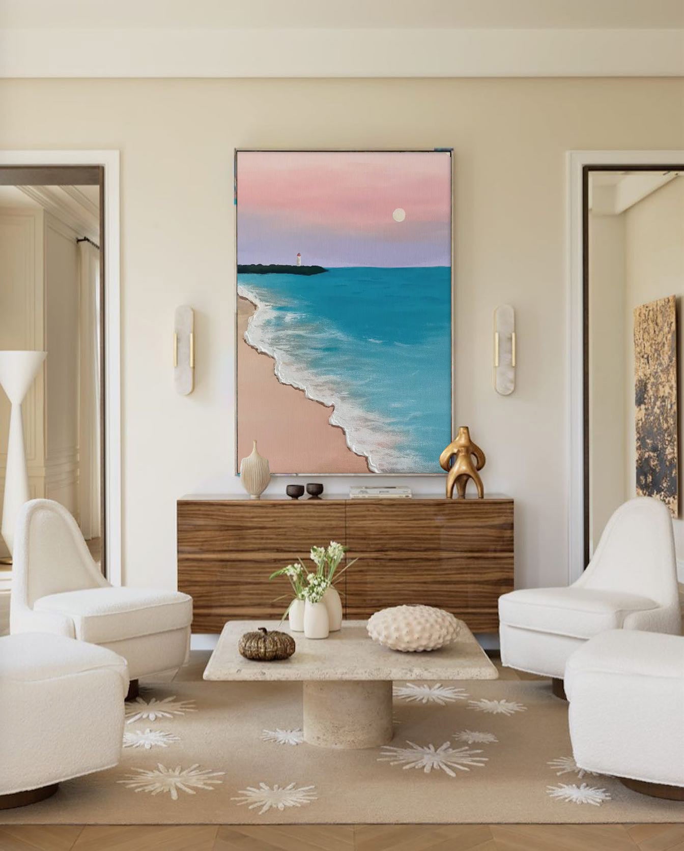 Serene Beach Sunset Oil Painting - Tranquil Ocean Waves and Lighthouse Art