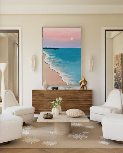 Serene Beach Sunset Oil Painting - Tranquil Ocean Waves and Lighthouse Art
