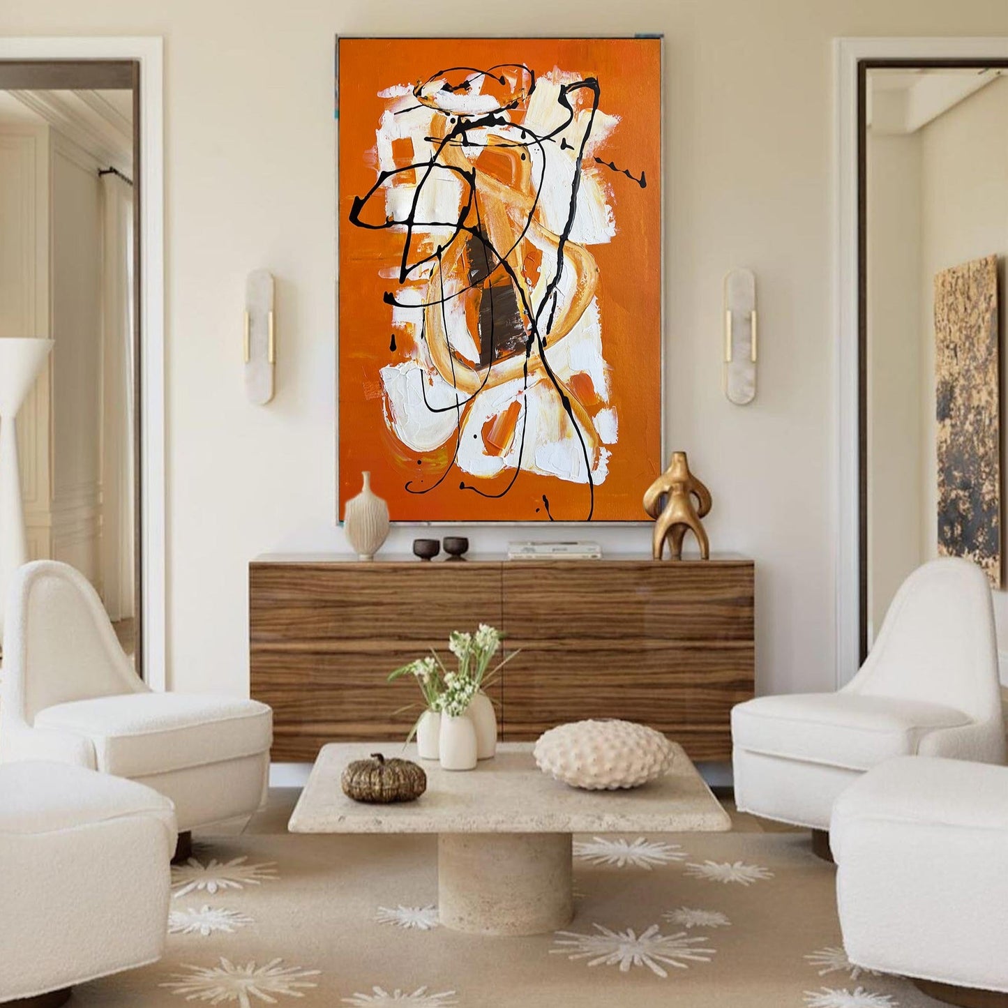 Vibrant Orange Abstract Oil Painting for Living Room Decor and Artistic Expression