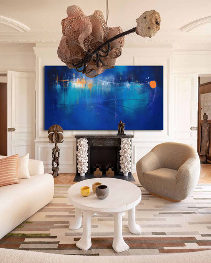 Vibrant Abstract Oil Painting in Blue and Orange for Modern Home Decor