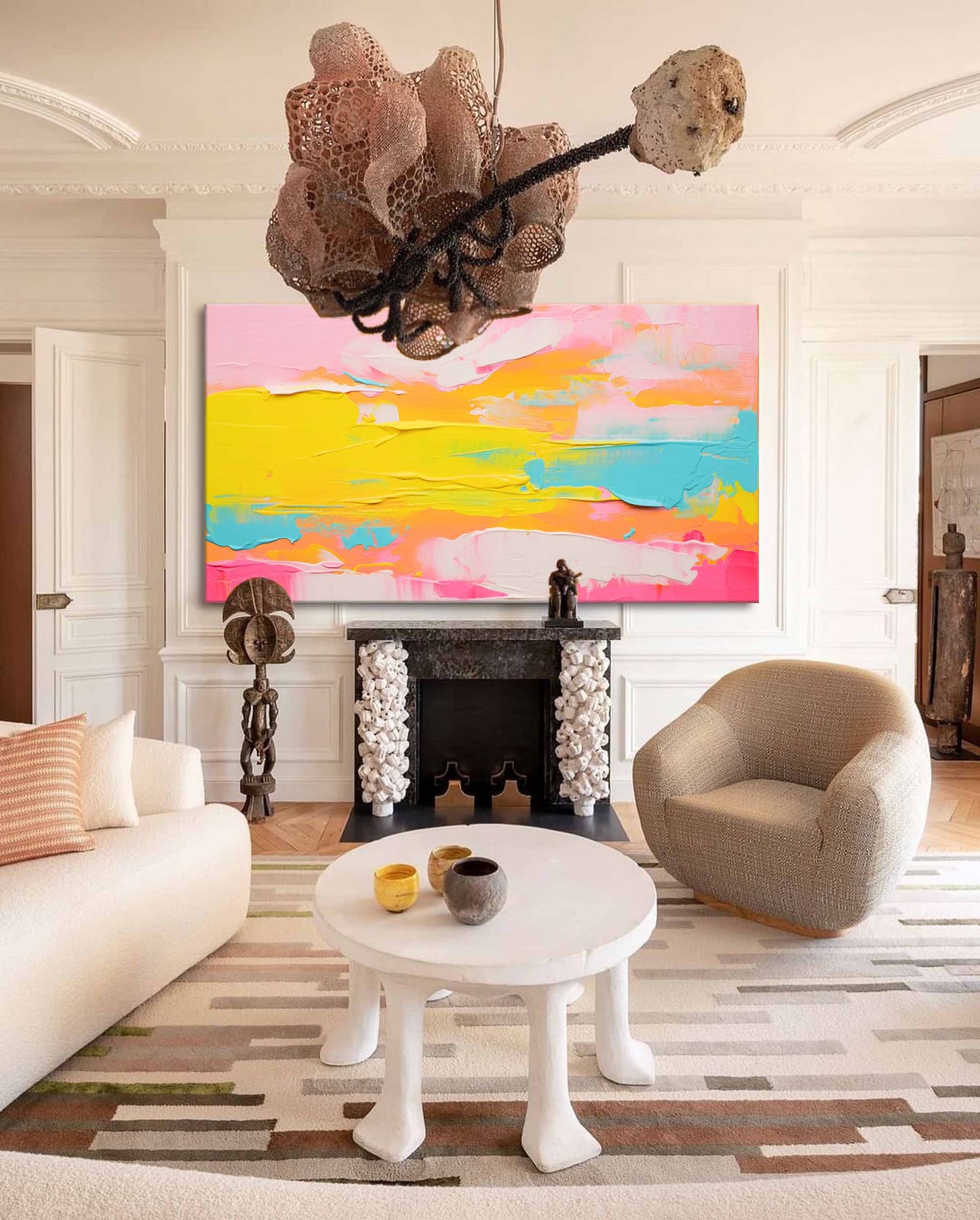 Vibrant Abstract Landscape Oil Painting in Pink and Yellow Hues for Modern Decor