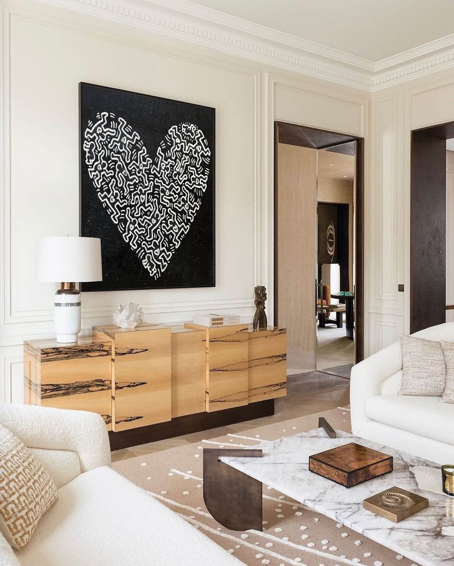 Abstract Heart Oil Painting in Bold Black and White Haring-Inspired Style
