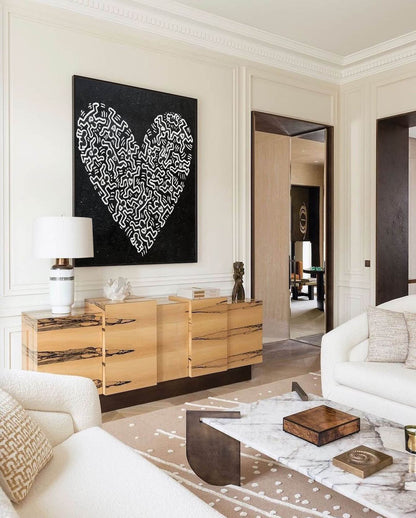 Abstract Heart Oil Painting in Bold Black and White Haring-Inspired Style