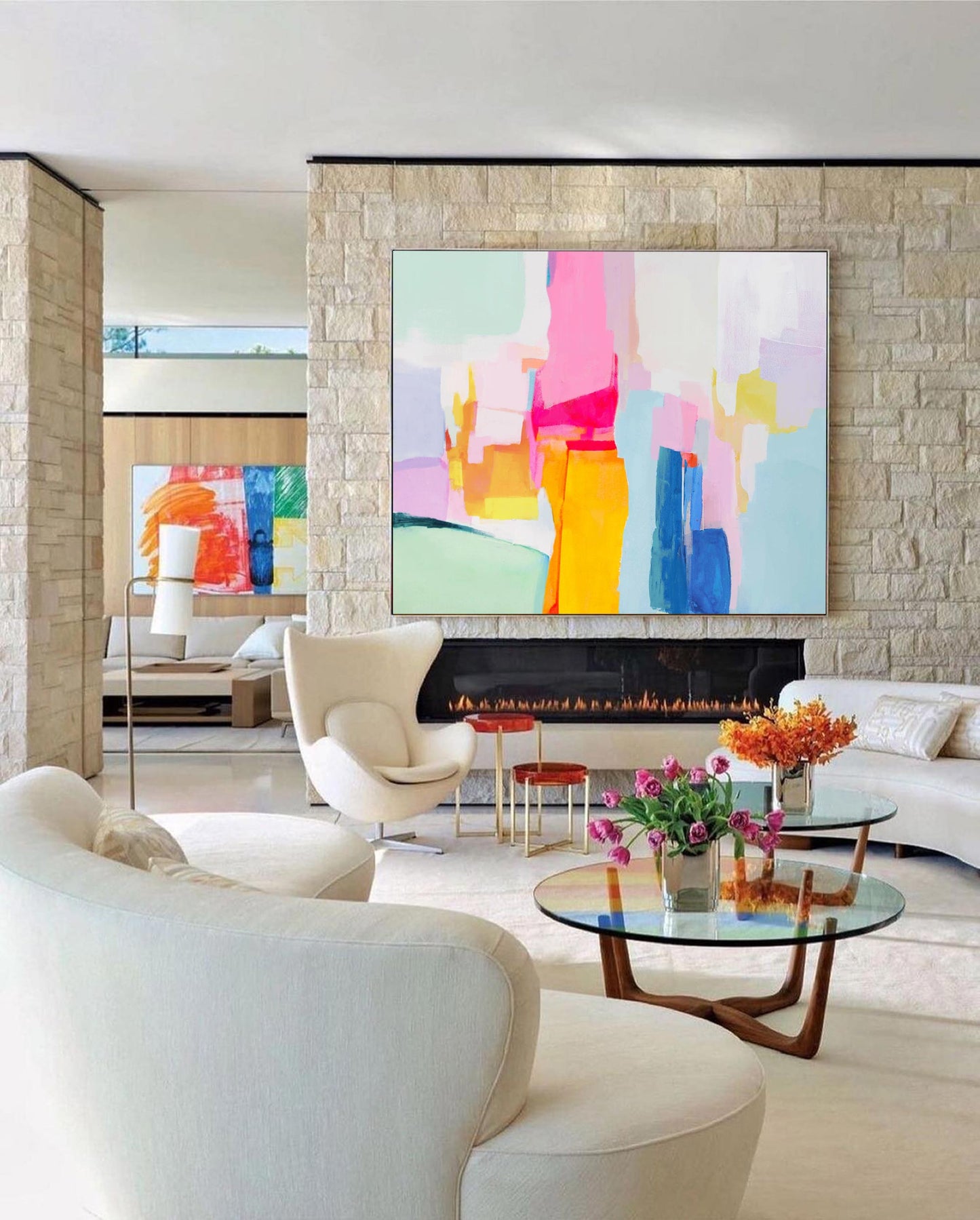 Vibrant Abstract Oil Painting with Bold Colors and Dynamic Shapes for Modern Decor