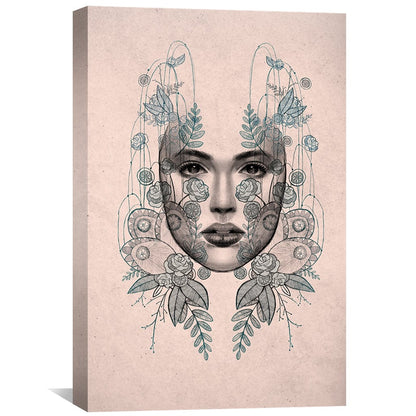 Enchanting Face Portrait with Floral Harmony - Artistic Oil Painting