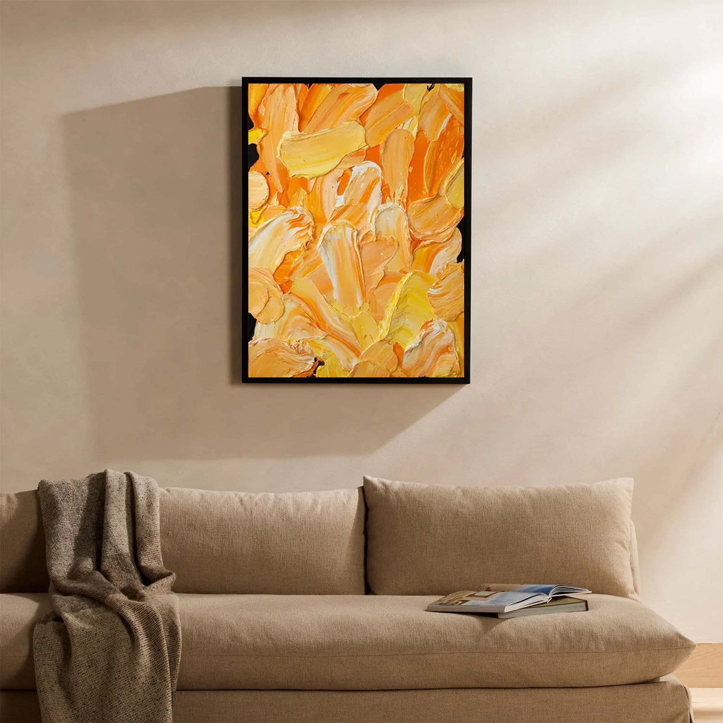 Vibrant Abstract Oil Painting in Warm Yellow and Orange Tones for Modern Decor