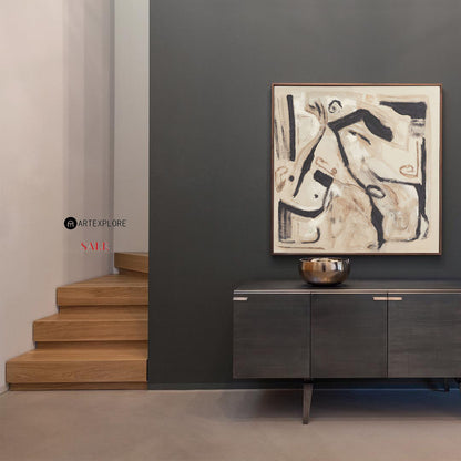 Contemporary Abstract Oil Painting with Bold Lines and Earthy Tones for Modern Decor
