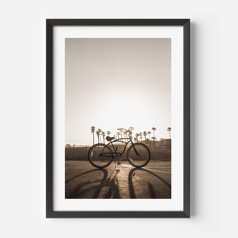 Serene Sunset: Classic Bicycle by the Beach with Palm Trees