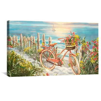 Beachside Bicycle Adventure Oil Painting with Vibrant Floral Details