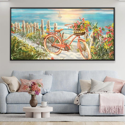 Beachside Bicycle Adventure Oil Painting with Vibrant Floral Details