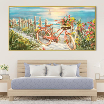 Beachside Bicycle Adventure Oil Painting with Vibrant Floral Details