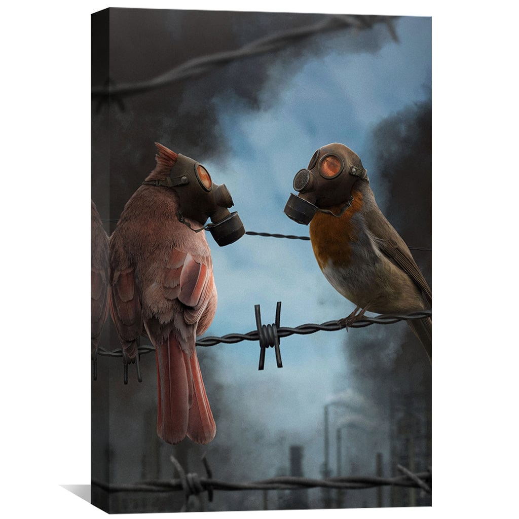 Whimsical Birds in Gas Masks - Unique Oil Painting for Modern Decor