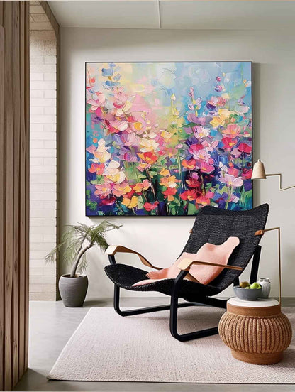 Vibrant Floral Oil Painting with Colorful Blooms and Lush Garden Background