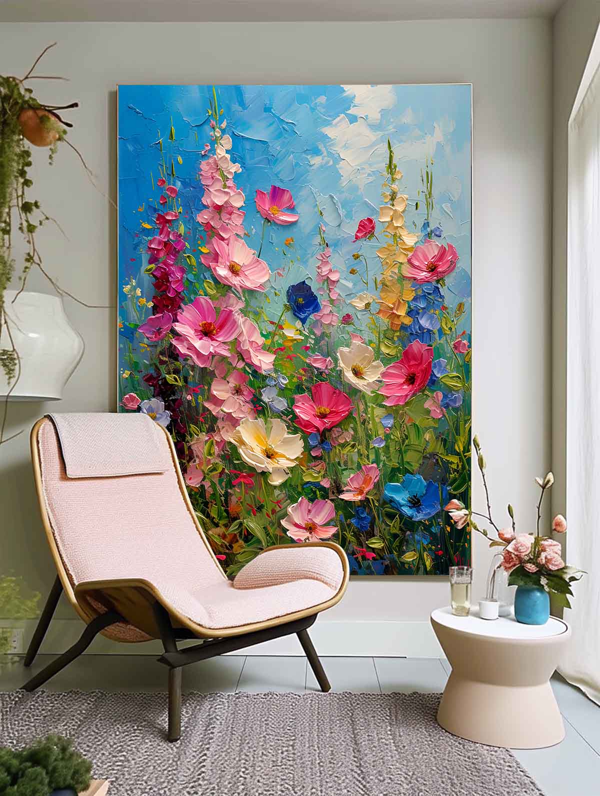 Vibrant Blooming Flower Field Oil Painting on Canvas for Home Decor